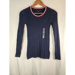 Tommy Hilfiger Women's Navy Blue Cable Knit Crewneck Pullover Sweater XXS New